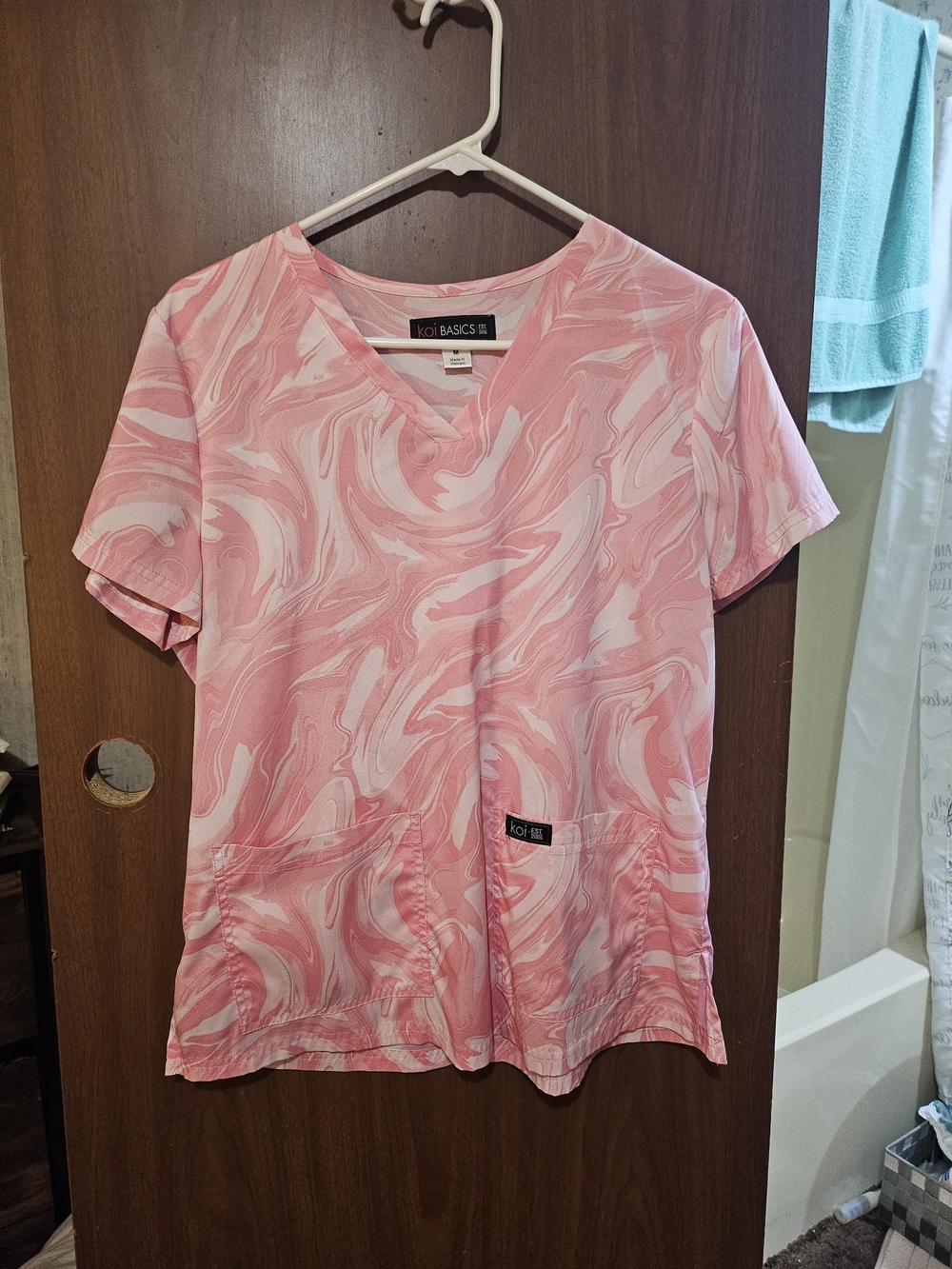 Koi Light Pink Marble V-Neck Women's Top
